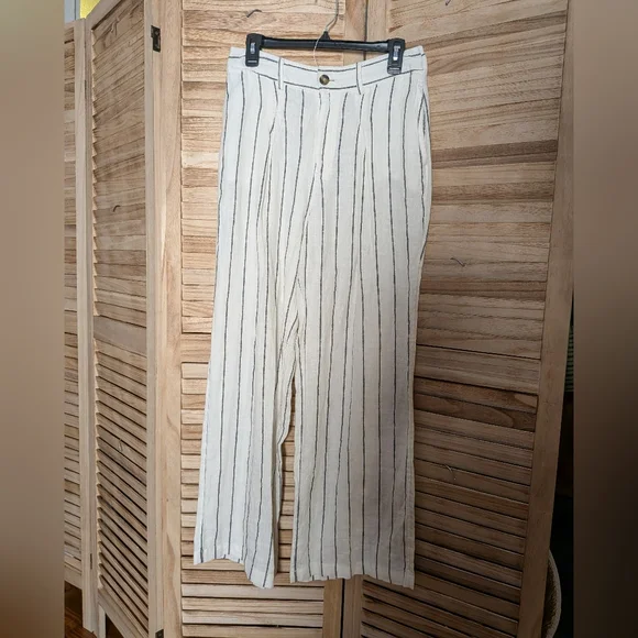 Joie 100% Linen Stripe Wide Leg Pants Ivory Black Stripe Size 6 - Picture 2 of 5
